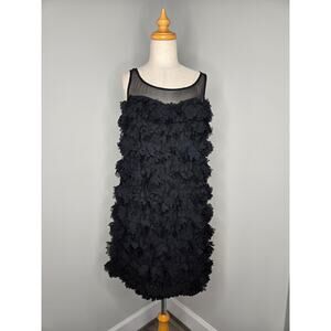 Tov Holy Black Flutter Floral illusion neck cocktail dress